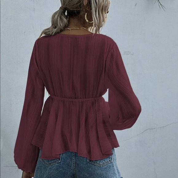 Striped lace v neck boho long sleeve gypsy maroon - Picture 2 of 6